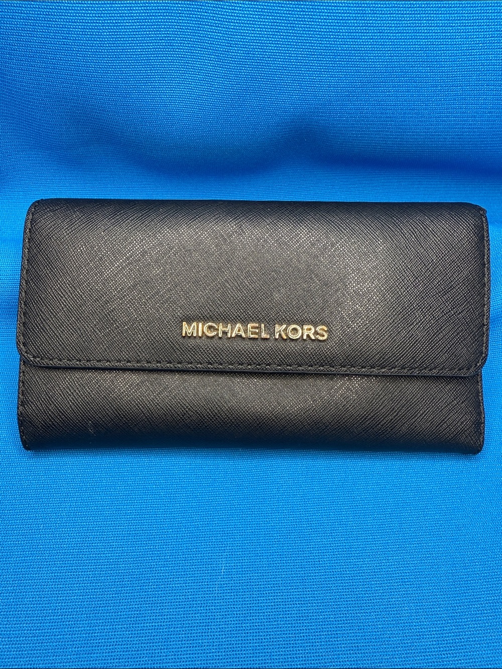 MICHAEL KORS JET SET TRAVEL LARGE TRIFOLD CROSSGRAIN TYPE LEATHER BLACK WALLET